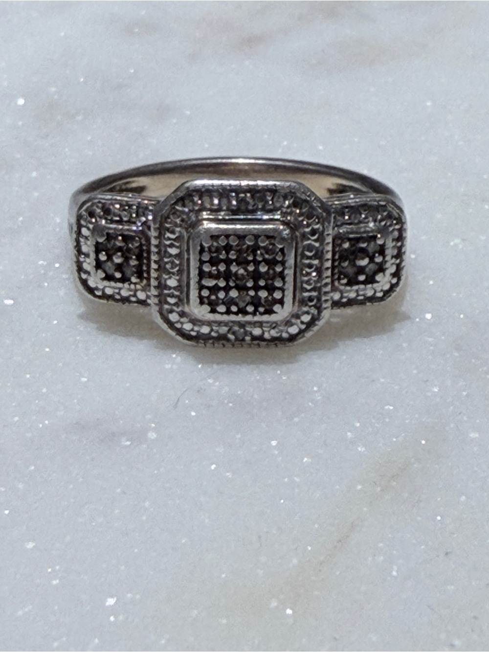 Vintage SUN Signed 925 Sterling Silver Black Multi-Stone Cluster Ring, size 7
